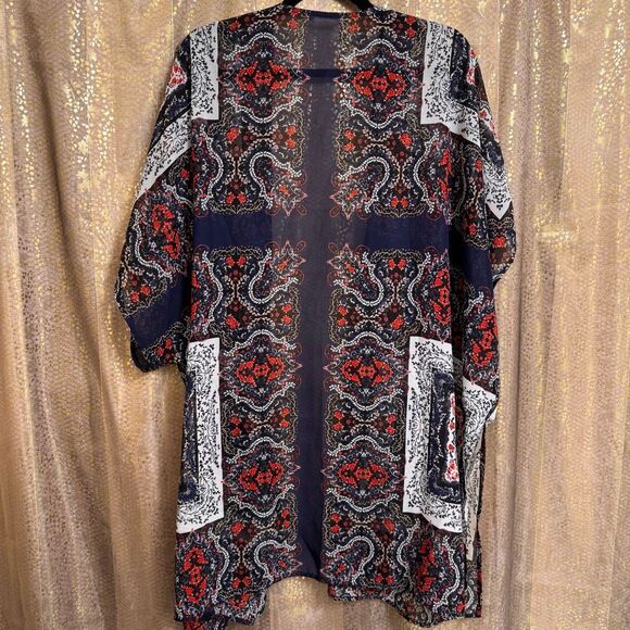 Maurices Red Navy Blue White Print Sheer Lightweight Boho Kimono L/XL - Picture 2 of 8